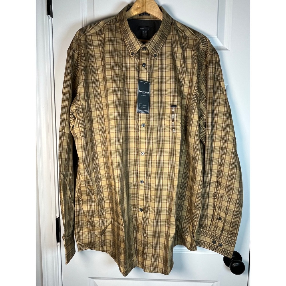 Van Heusen Mens XL No Iron Plaid Button Down Shirt Tan Brown Long Sleeve PC-756